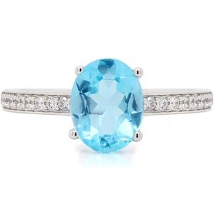 NEW Oval Cut Blue Topaz Gemstone & CZ Ring 925S/White Gold 1.90 Cttw SZ 5